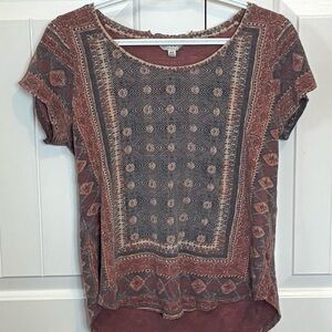 Lucky Brand Geometric Short Sleeve Top - Brown and Cream
